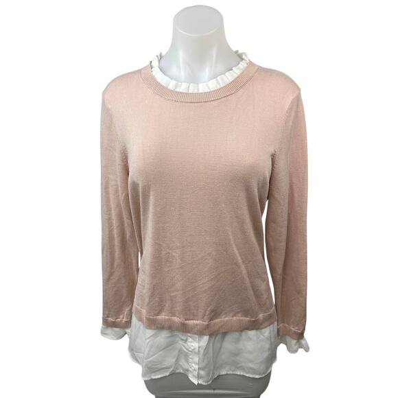 Adrianna Papell Pink Knit Ruffle Crew Neck Long Sleeve Pullover Sweater Top Sz L - Picture 2 of 6